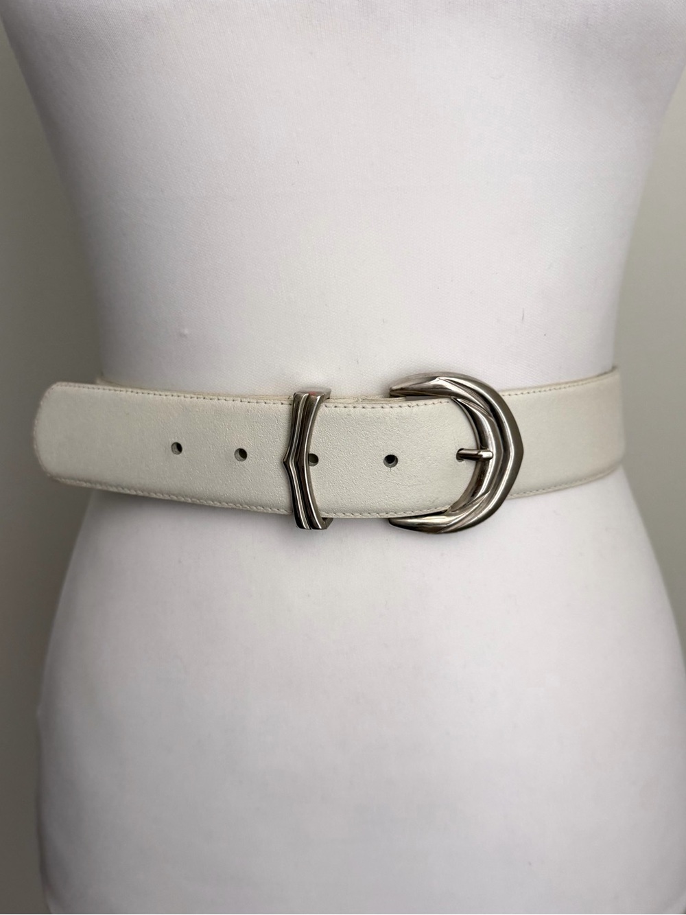 Vintage Ivory Leather Belt with Silver Buckle, Karen Scott Waist Sizes 27" - 31"
